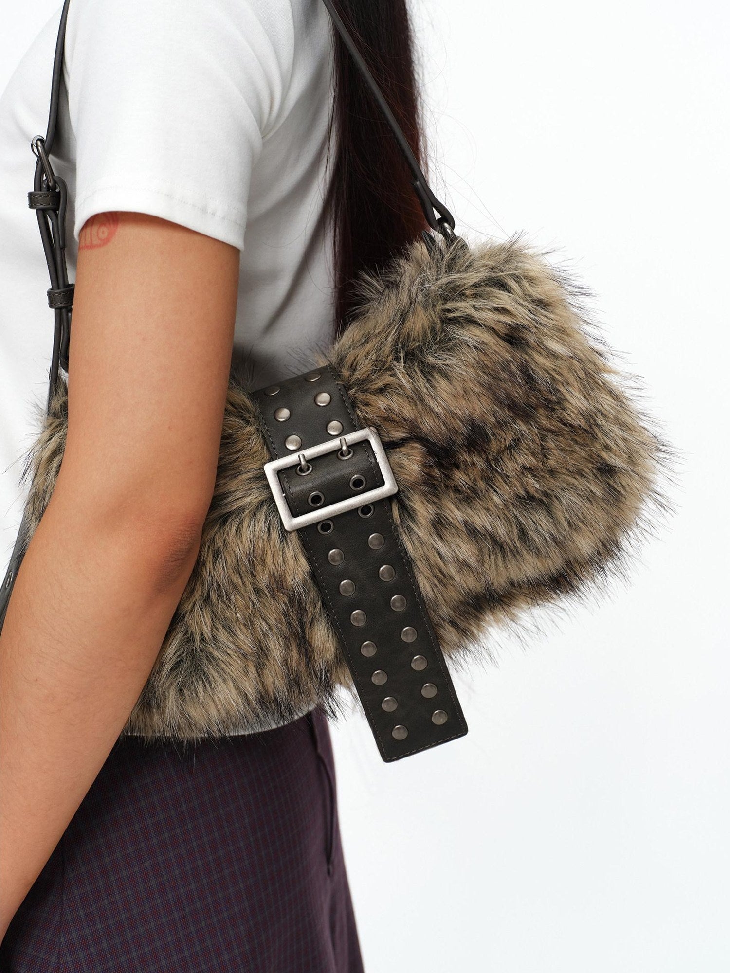 oinimi Faux Fur Belt Accent Vintage Pillow Single Strap Underarm Daily Youth Bag