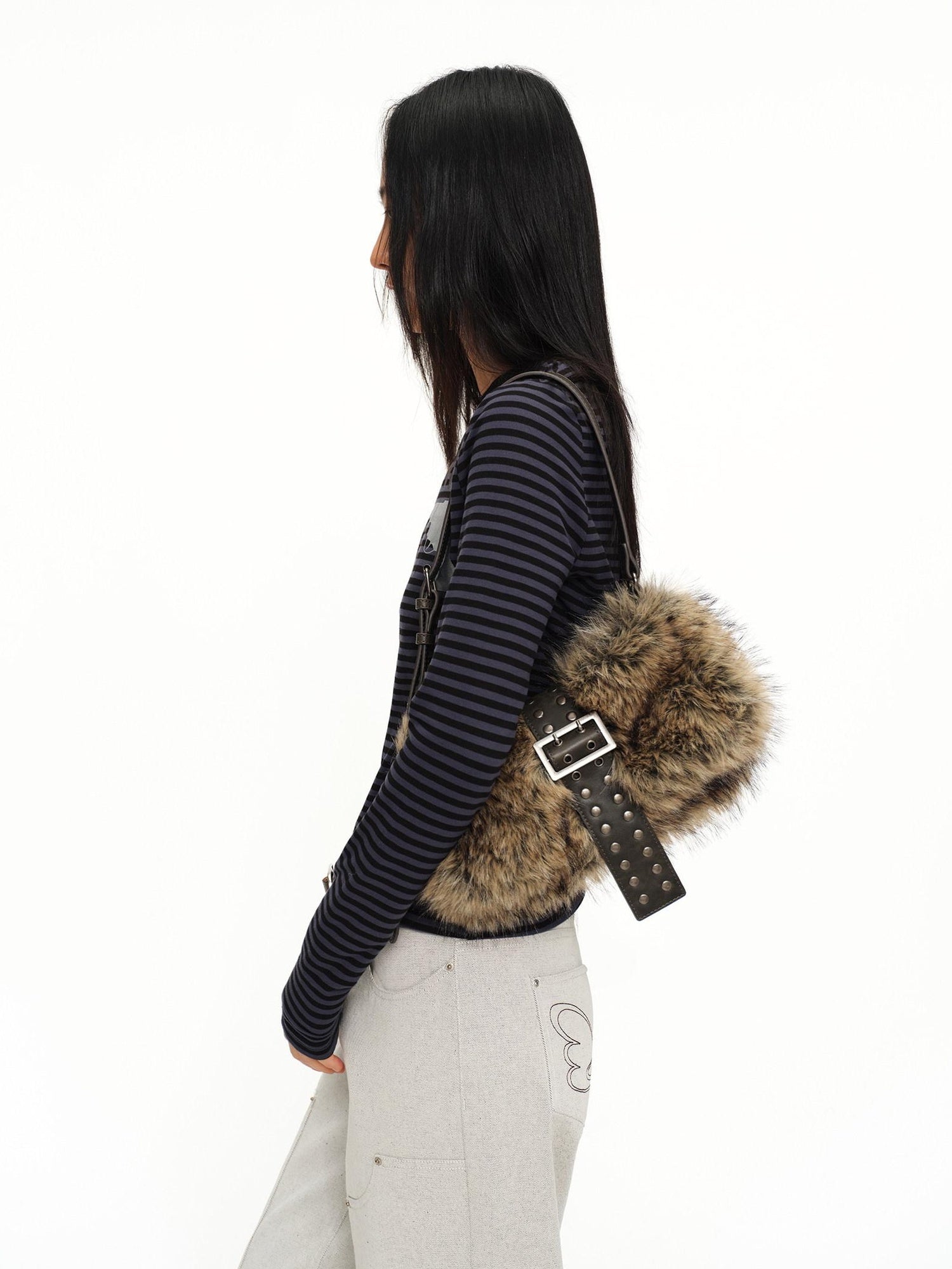 oinimi Faux Fur Belt Accent Vintage Pillow Single Strap Underarm Daily Youth Bag