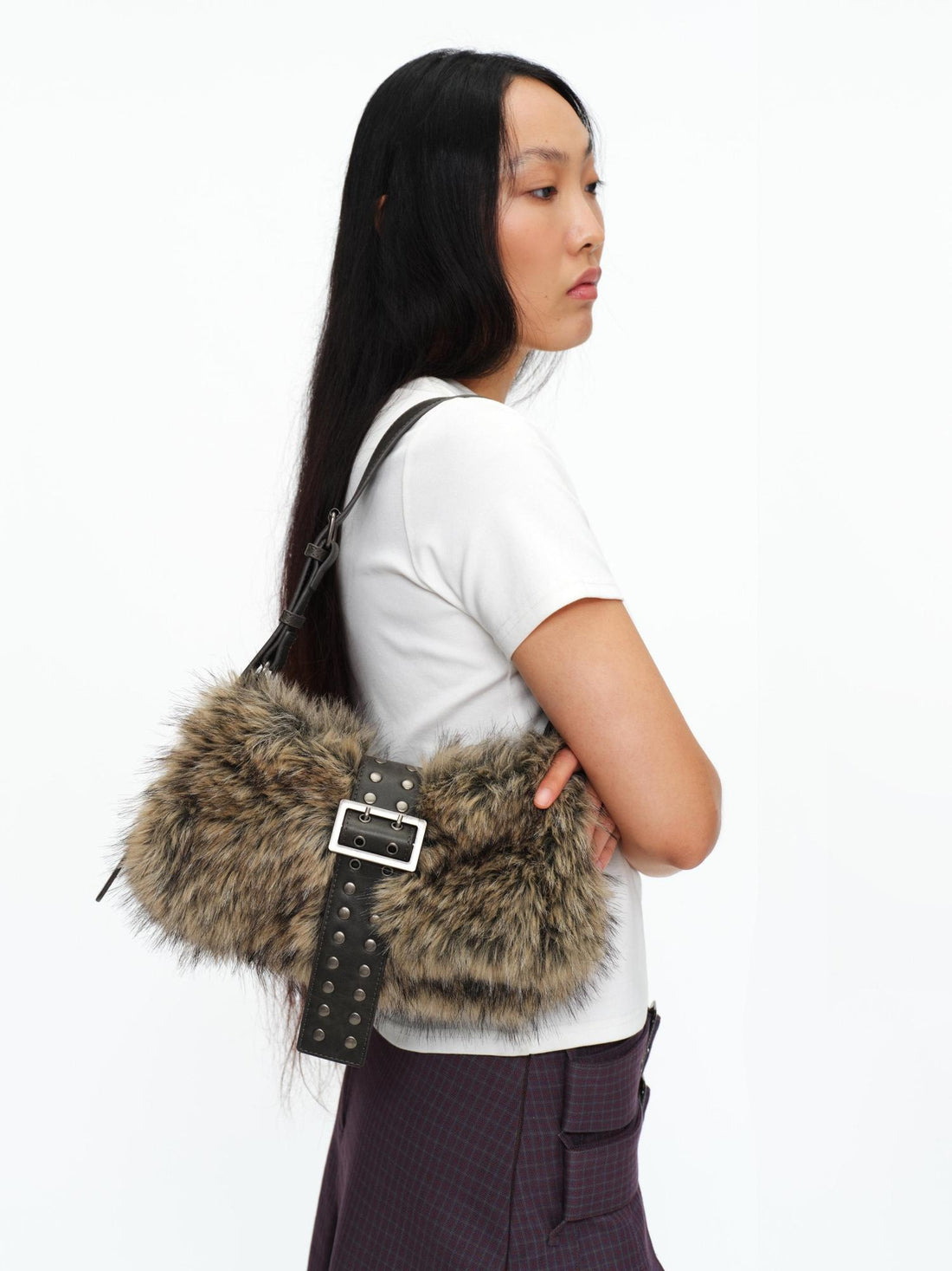 oinimi Faux Fur Belt Accent Vintage Pillow Single Strap Underarm Daily Youth Bag
