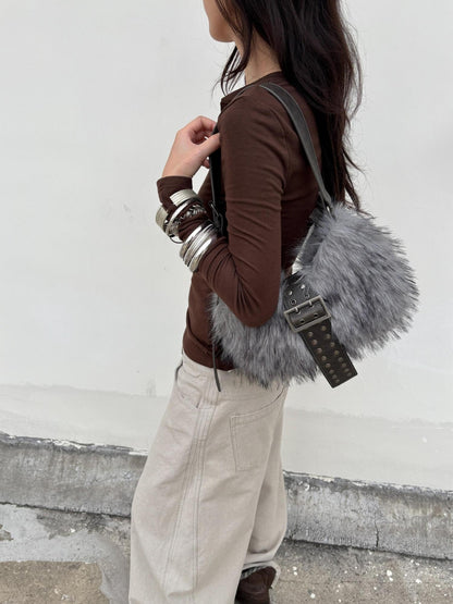 oinimi Faux Fur Belt Accent Vintage Pillow Single Strap Underarm Daily Youth Bag