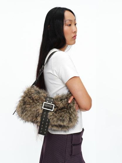 oinimi Faux Fur Belt Accent Vintage Pillow Single Strap Underarm Daily Youth Bag