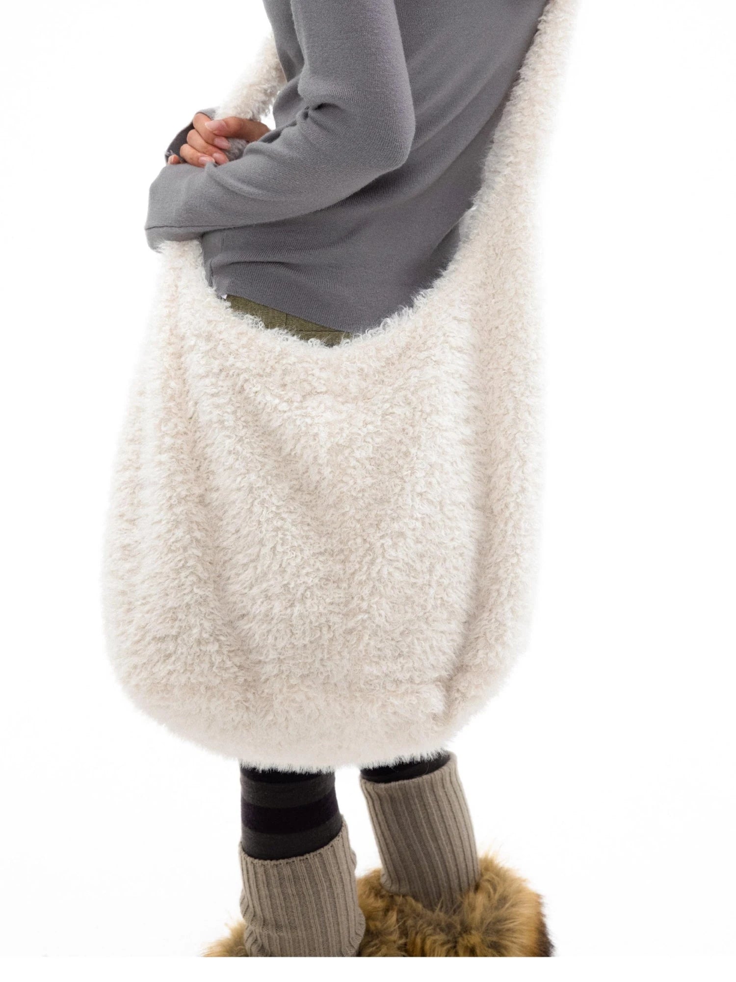 Faux Shearling Crossbody Bag With Buckle Closure