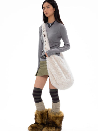 Faux Shearling Crossbody Bag With Buckle Closure