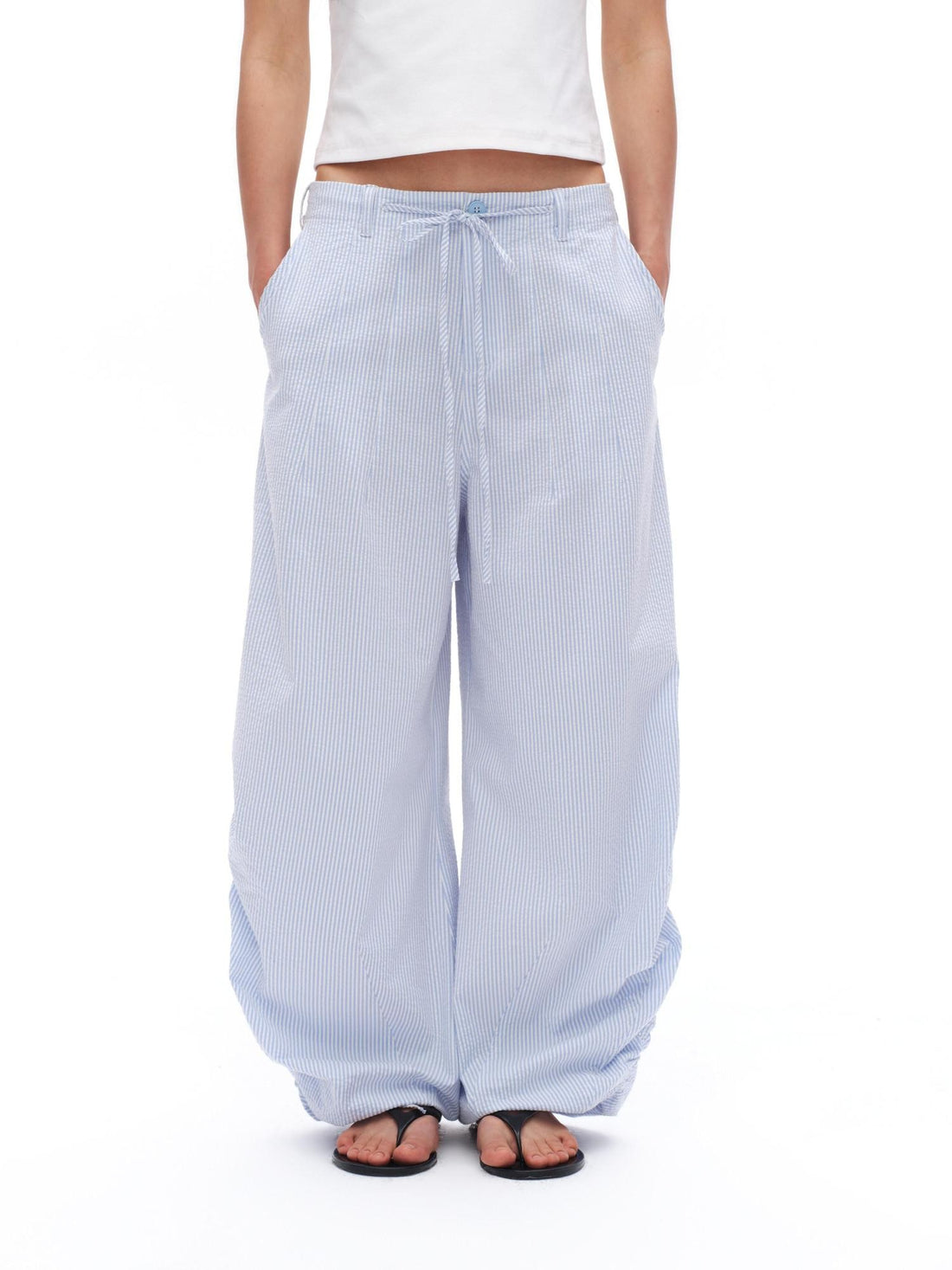oinimi Fine Blue Striped Drawstring Antiwrinkle Women&