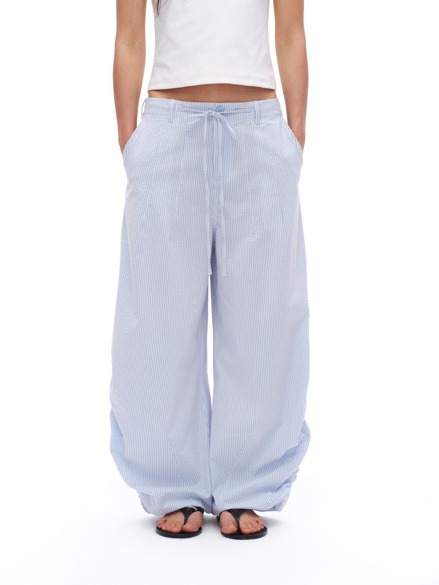 oinimi Fine Blue Striped Drawstring Antiwrinkle Women&