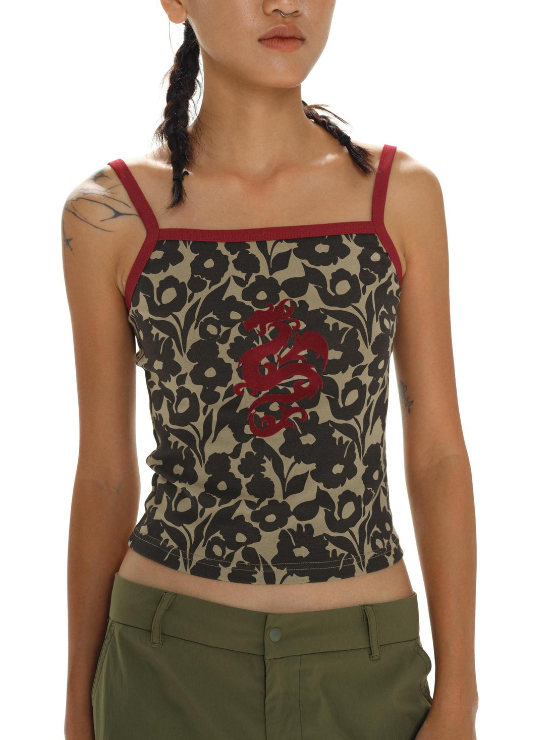 oinimi Flock Dragon Print Vintage Contrast Strap V-neck Top