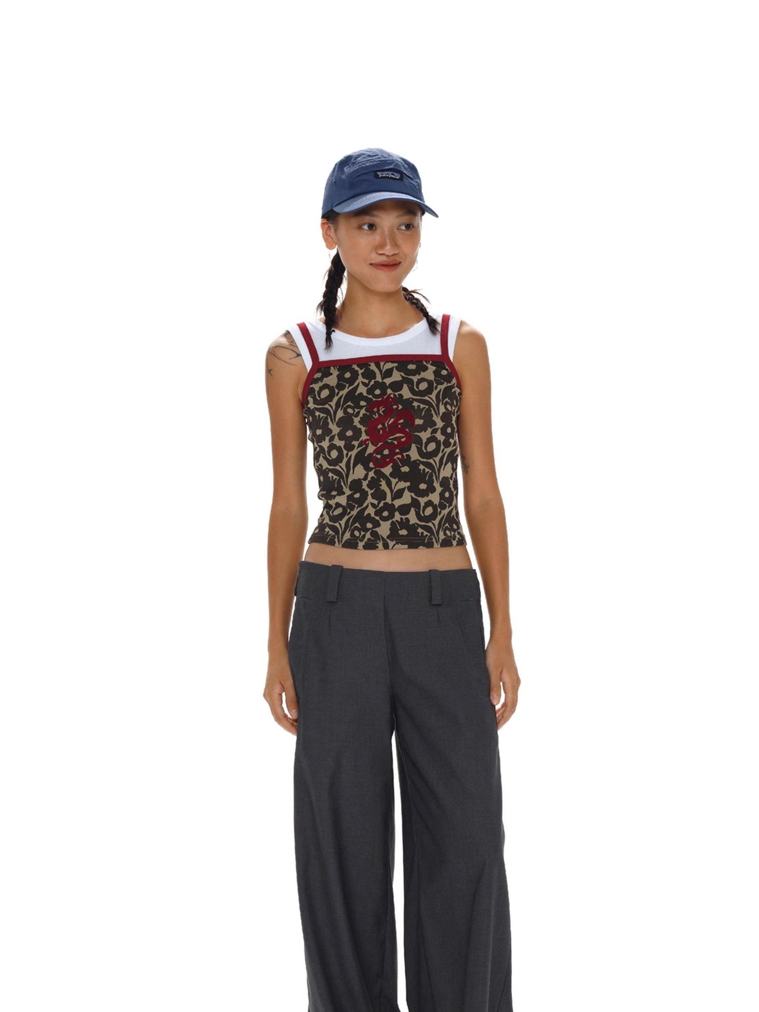 oinimi Flock Dragon Print Vintage Contrast Strap V-neck Top