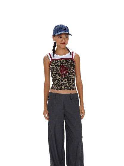 oinimi Flock Dragon Print Vintage Contrast Strap V-neck Top
