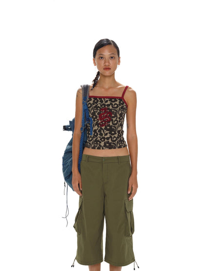 oinimi Flock Dragon Print Vintage Contrast Strap V-neck Top