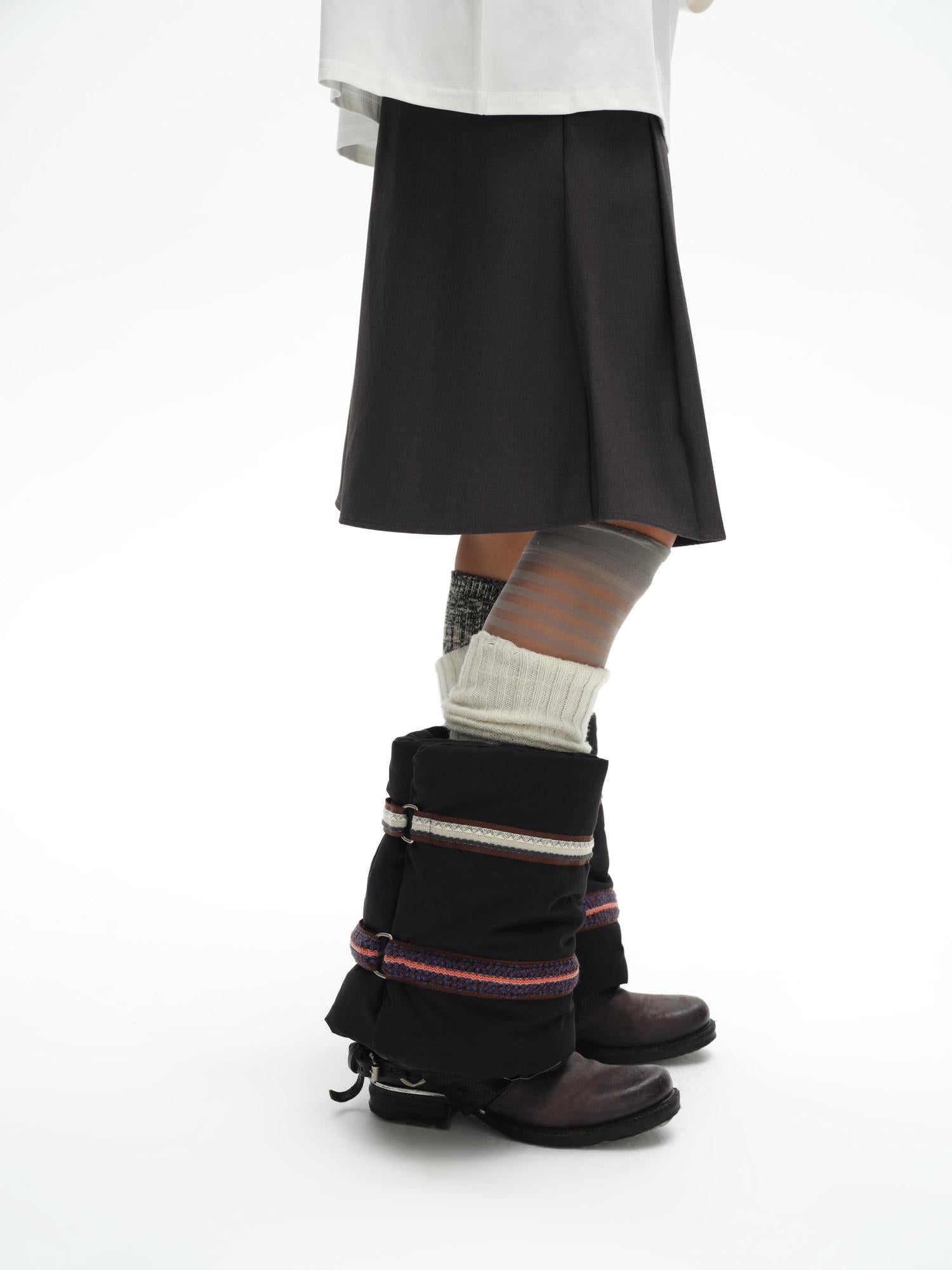 oinimi Fluffy Quilted Leg Warmers With Jacquard Ties For Layering