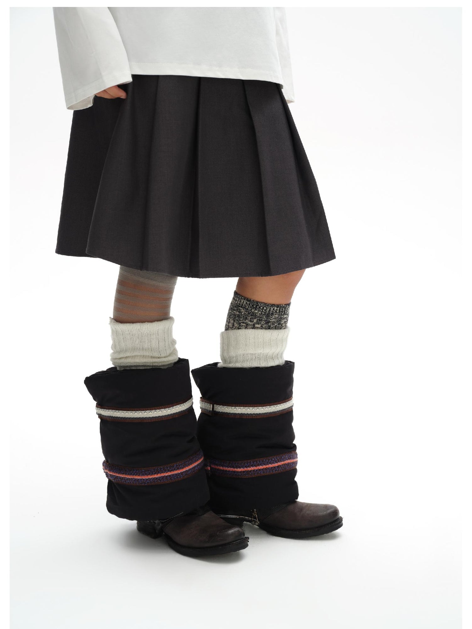oinimi Fluffy Quilted Leg Warmers With Jacquard Ties For Layering