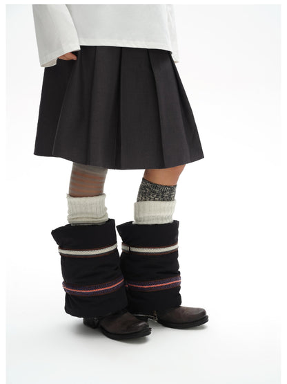 oinimi Fluffy Quilted Leg Warmers With Jacquard Ties For Layering