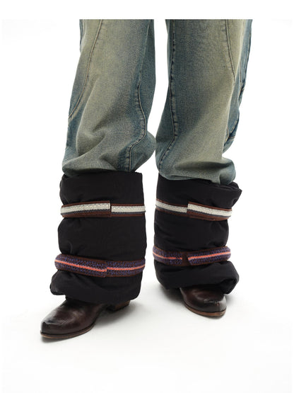 oinimi Fluffy Quilted Leg Warmers With Jacquard Ties For Layering