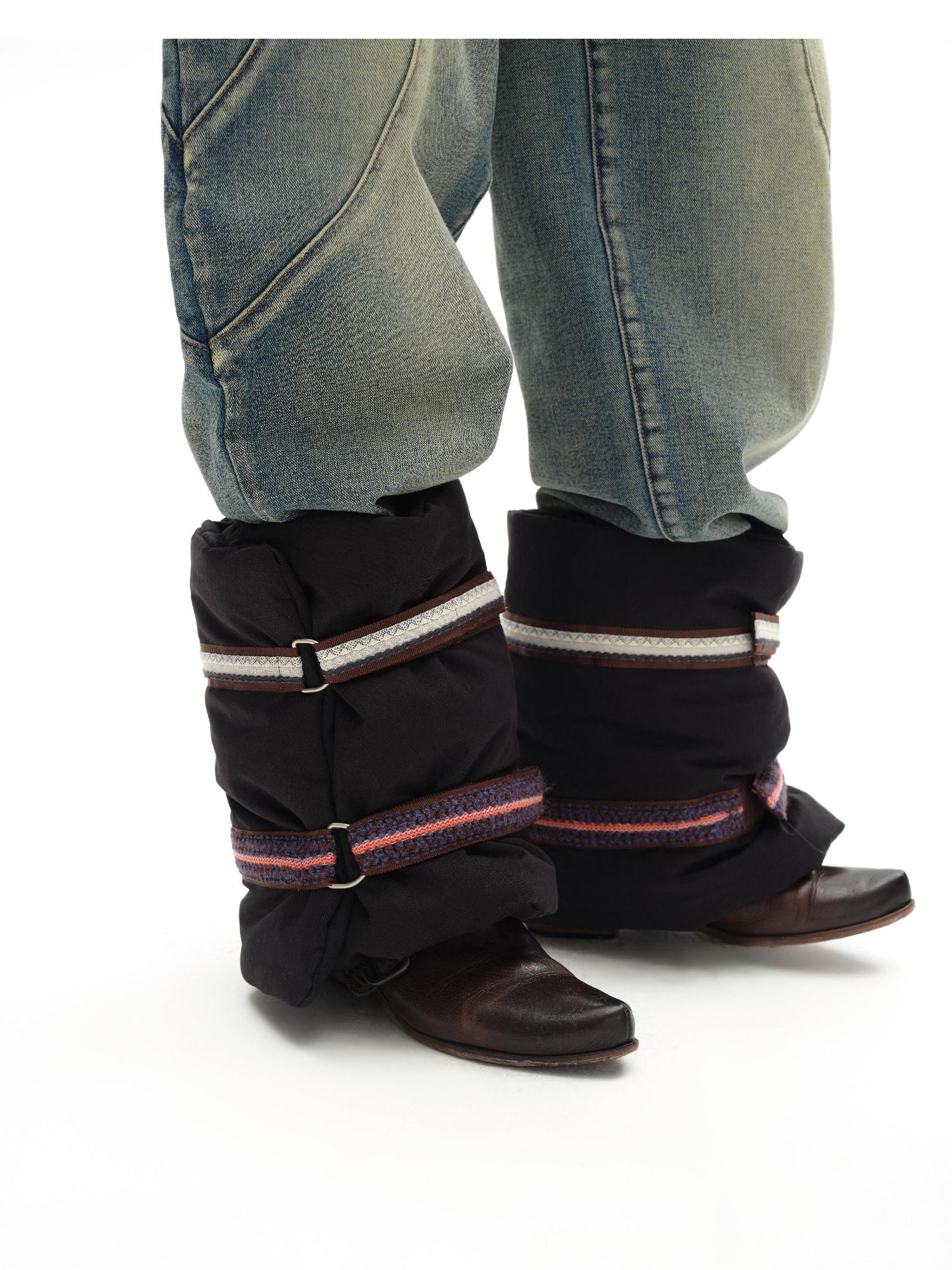 oinimi Fluffy Quilted Leg Warmers With Jacquard Ties For Layering