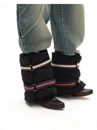 oinimi Fluffy Quilted Leg Warmers With Jacquard Ties For Layering