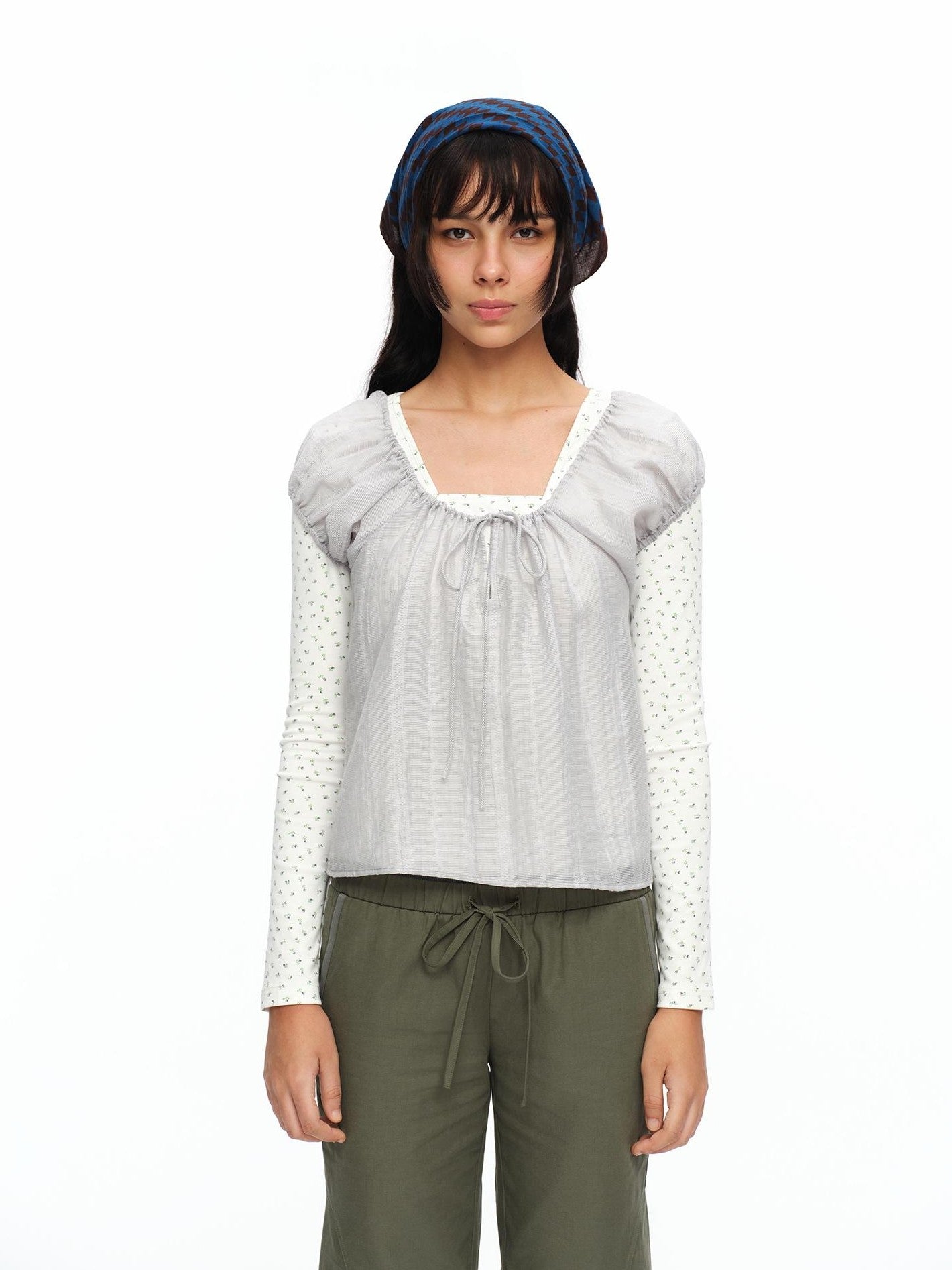 oinimi Forest Puff Sleeve Drawstring Square Neck Women&