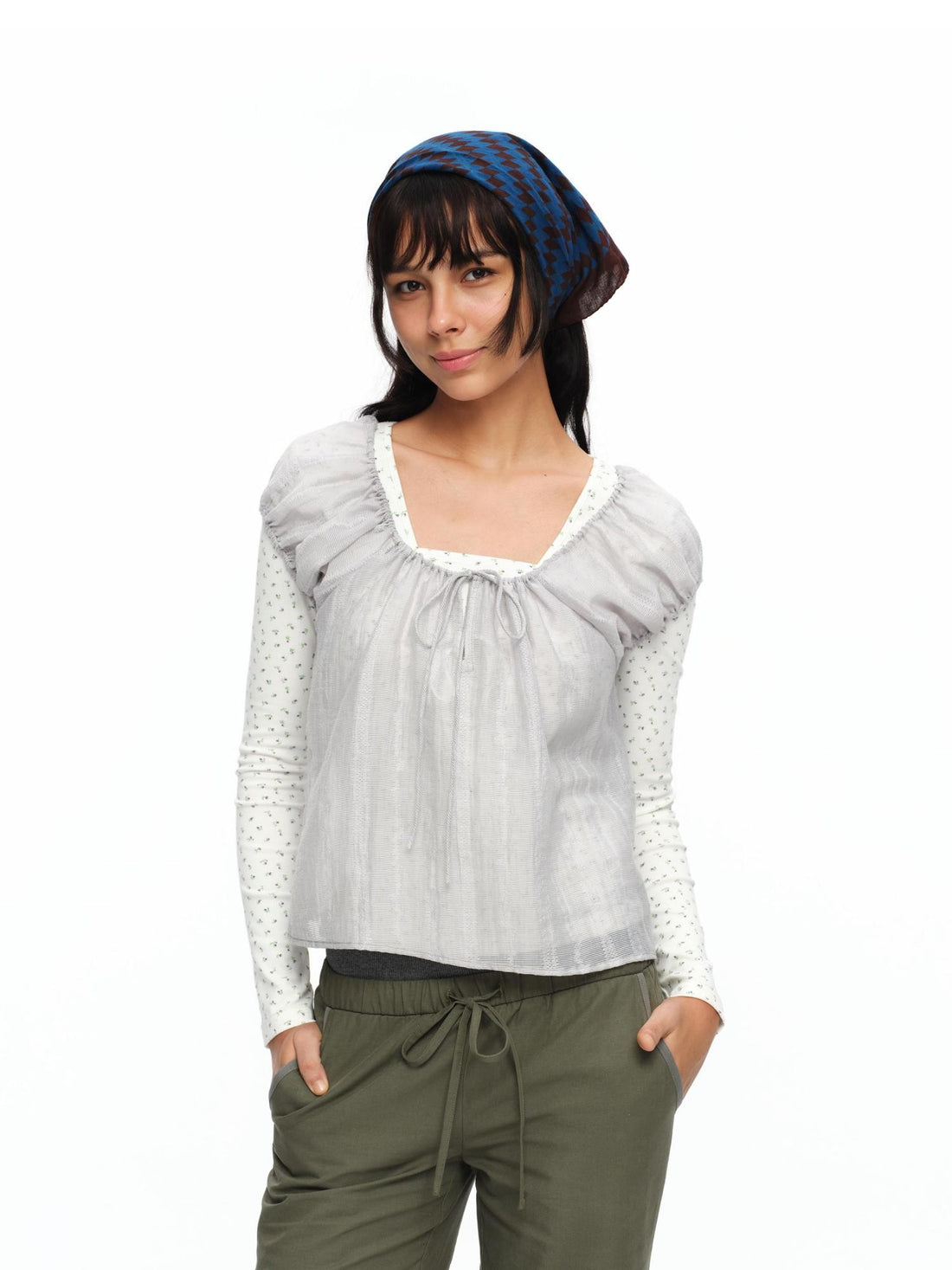 oinimi Forest Puff Sleeve Drawstring Square Neck Women&