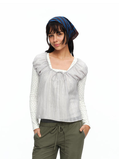 oinimi Forest Puff Sleeve Drawstring Square Neck Women&