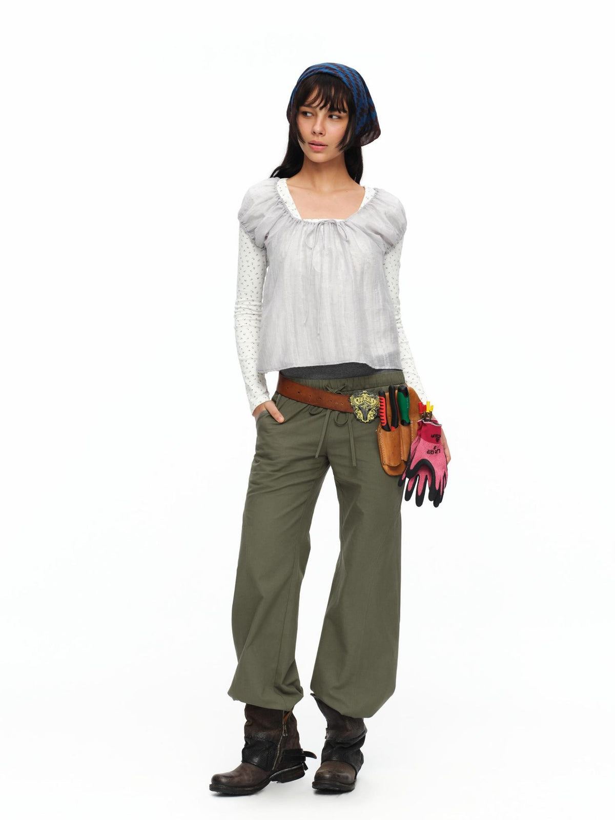 oinimi Forest Puff Sleeve Drawstring Square Neck Women&