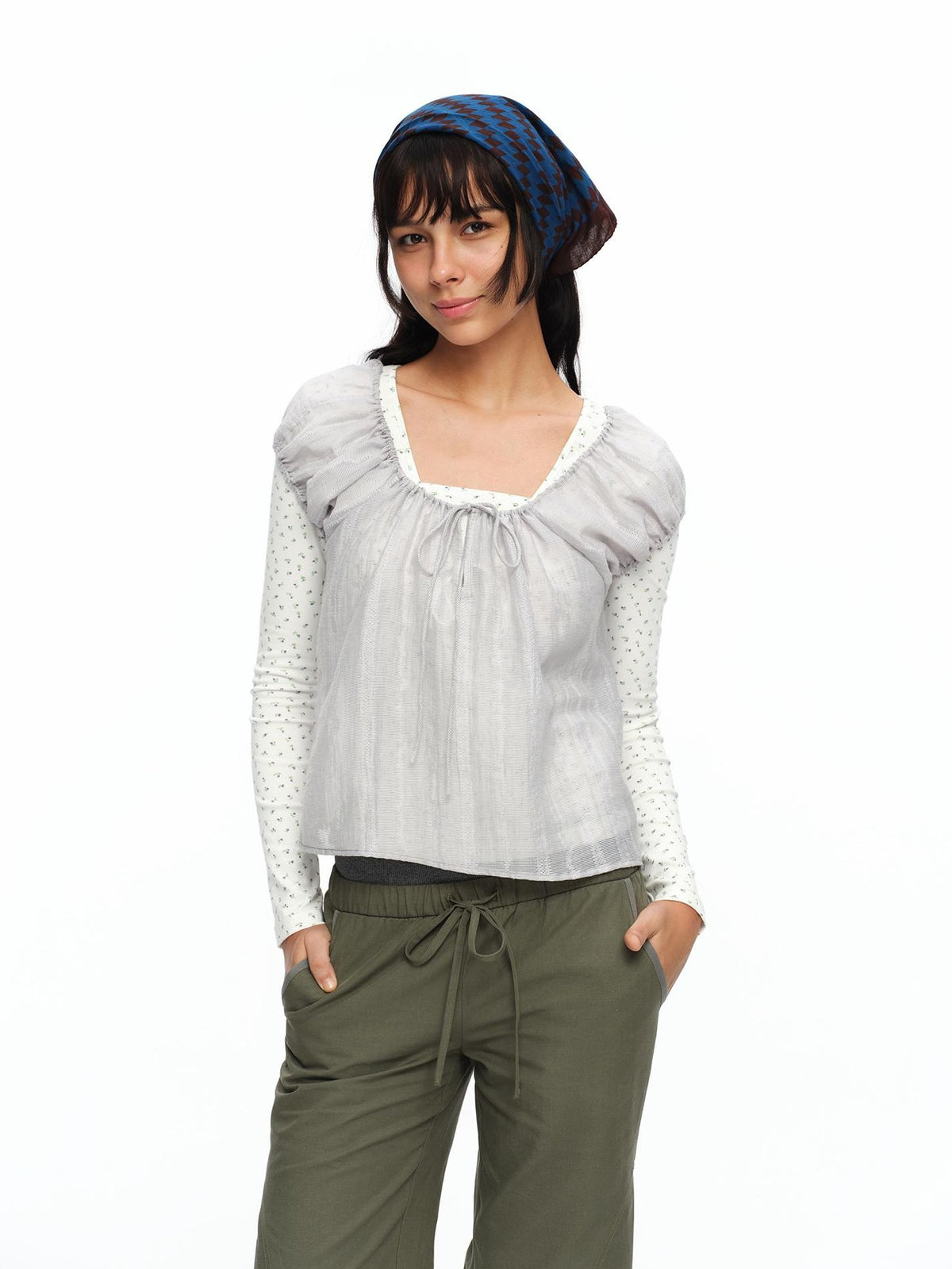 oinimi Forest Puff Sleeve Drawstring Square Neck Women&