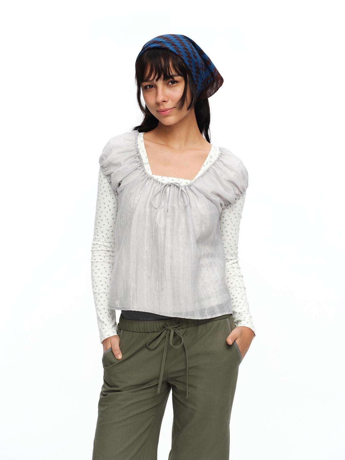 oinimi Forest Puff Sleeve Drawstring Square Neck Women&