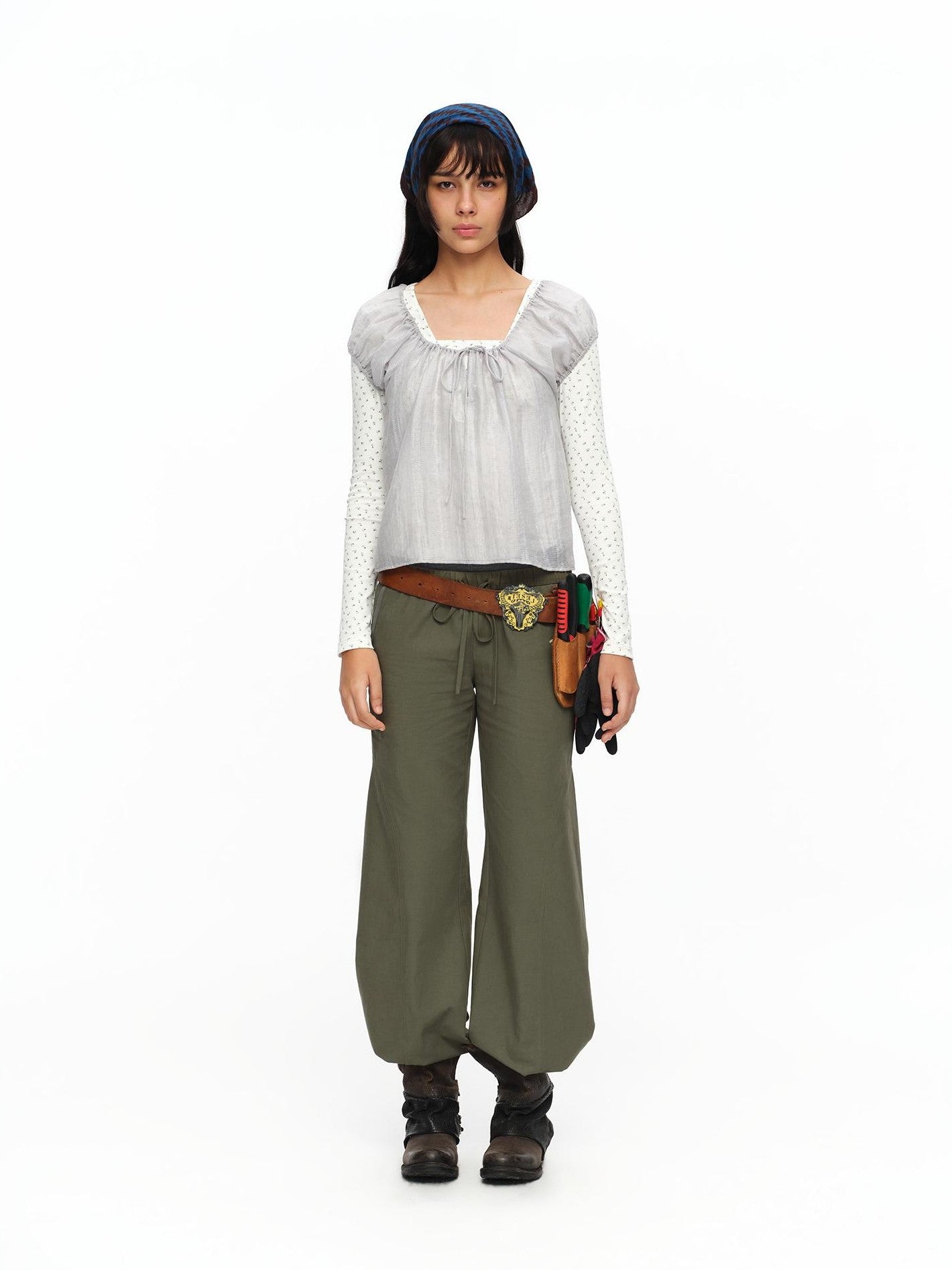 oinimi Forest Puff Sleeve Drawstring Square Neck Women&