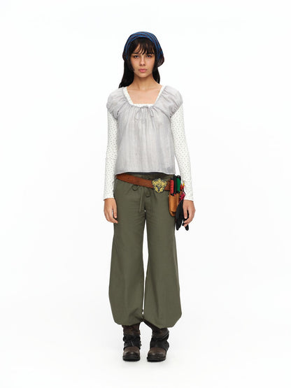 oinimi Forest Puff Sleeve Drawstring Square Neck Women&