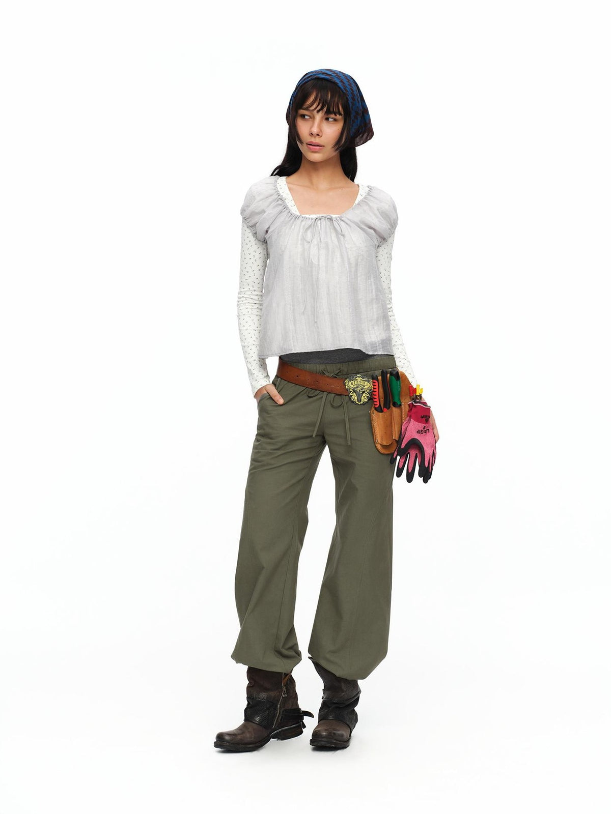 oinimi Forest Puff Sleeve Drawstring Square Neck Women&