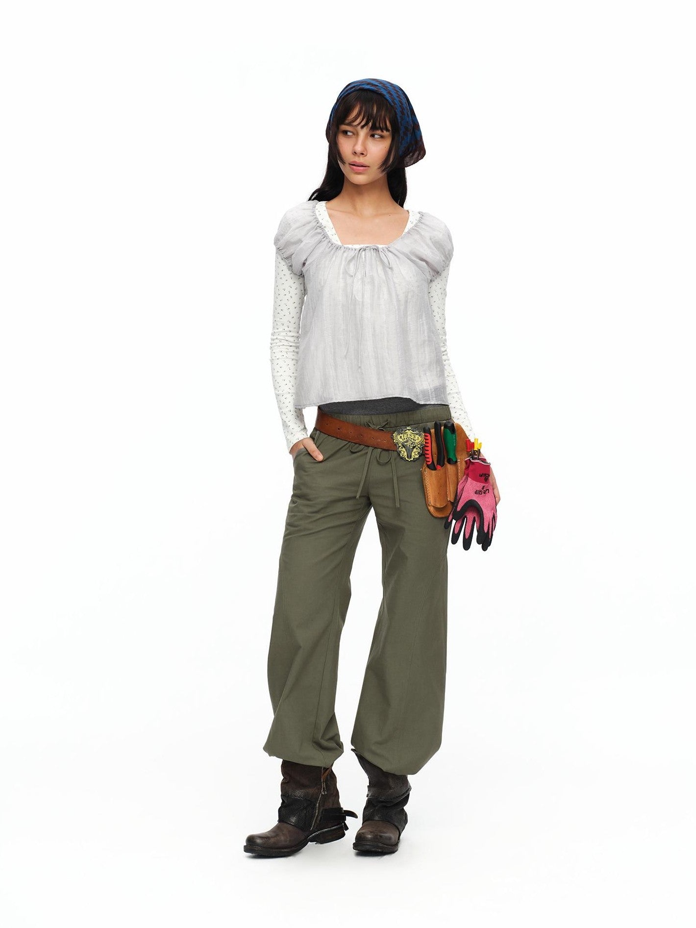 oinimi Forest Puff Sleeve Drawstring Square Neck Women&
