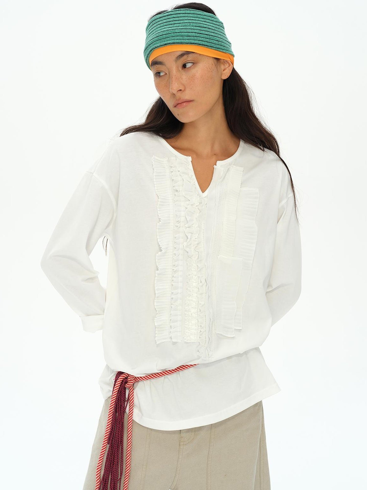 oinimi Frayed Lotus Lace Poet Tee French Pleat Long Sleeves