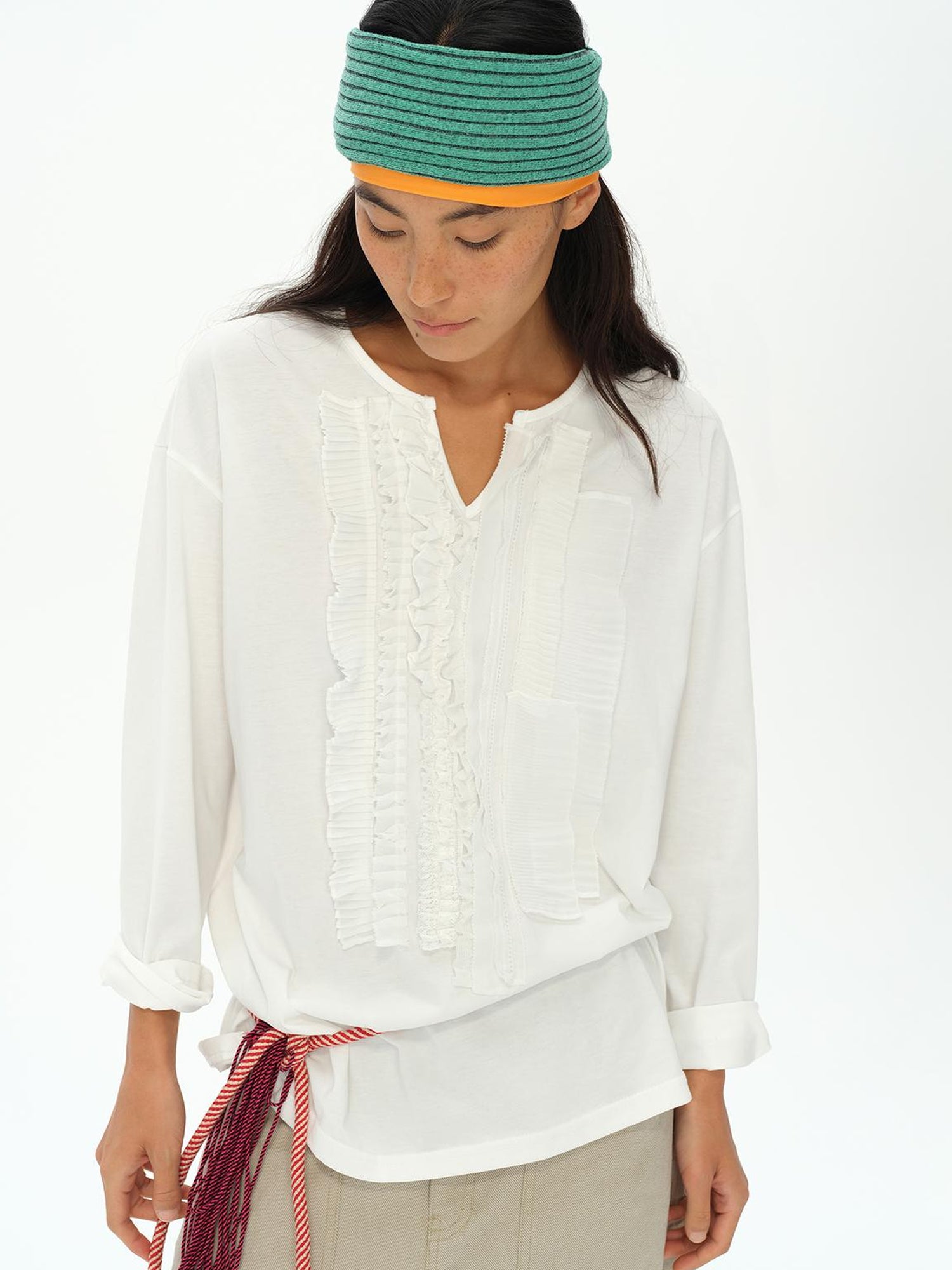 oinimi Frayed Lotus Lace Poet Tee French Pleat Long Sleeves