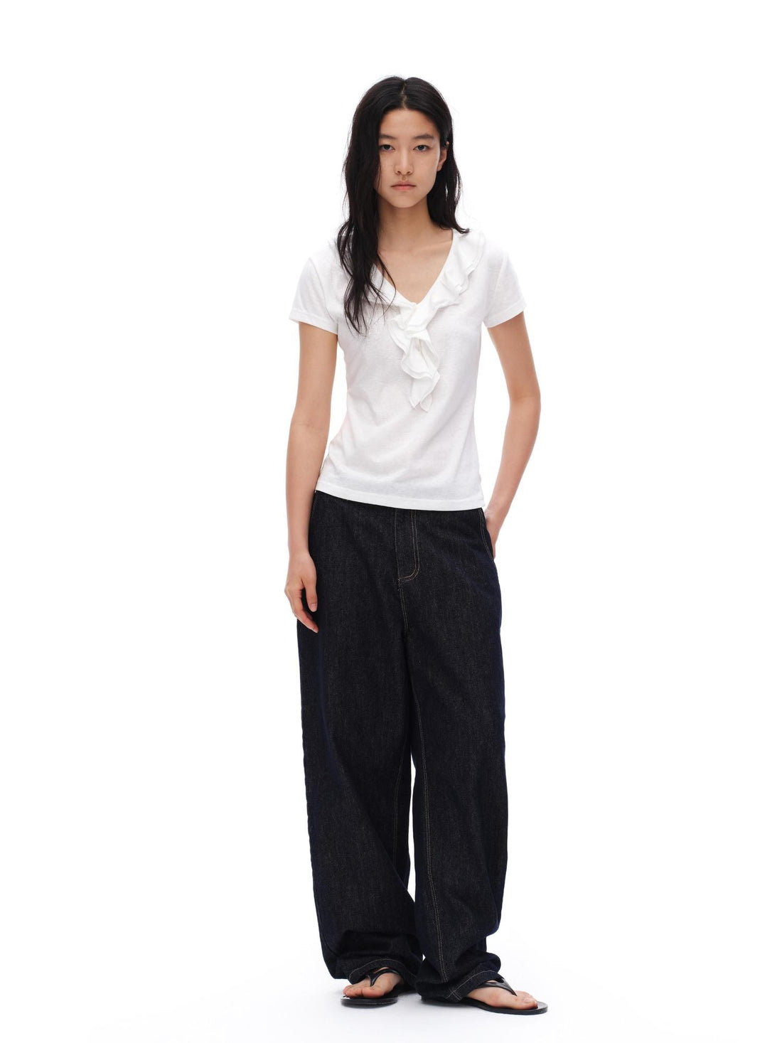 oinimi French Ruffle Pleated V-neck Women&