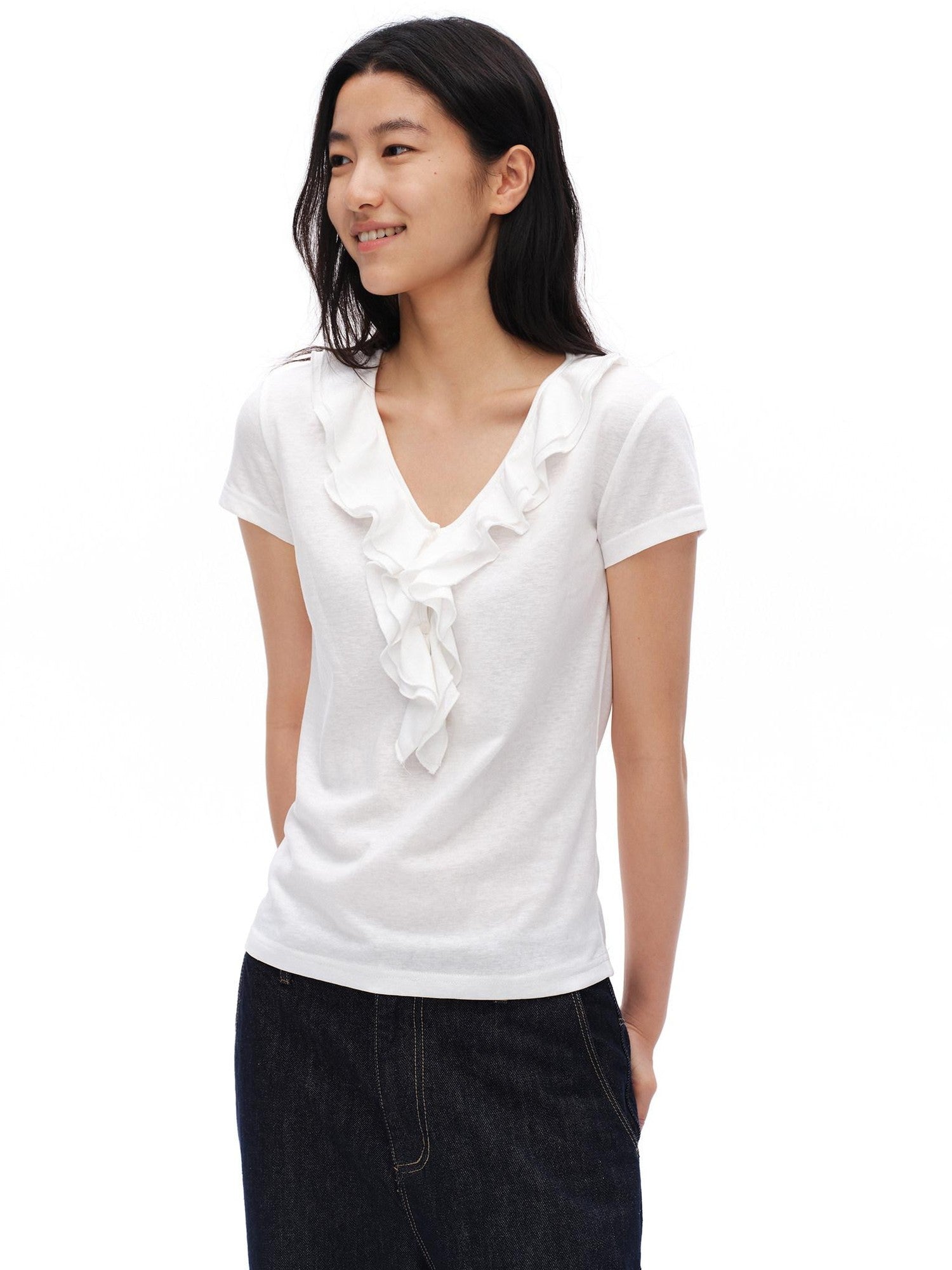 oinimi French Ruffle Pleated V-neck Women&