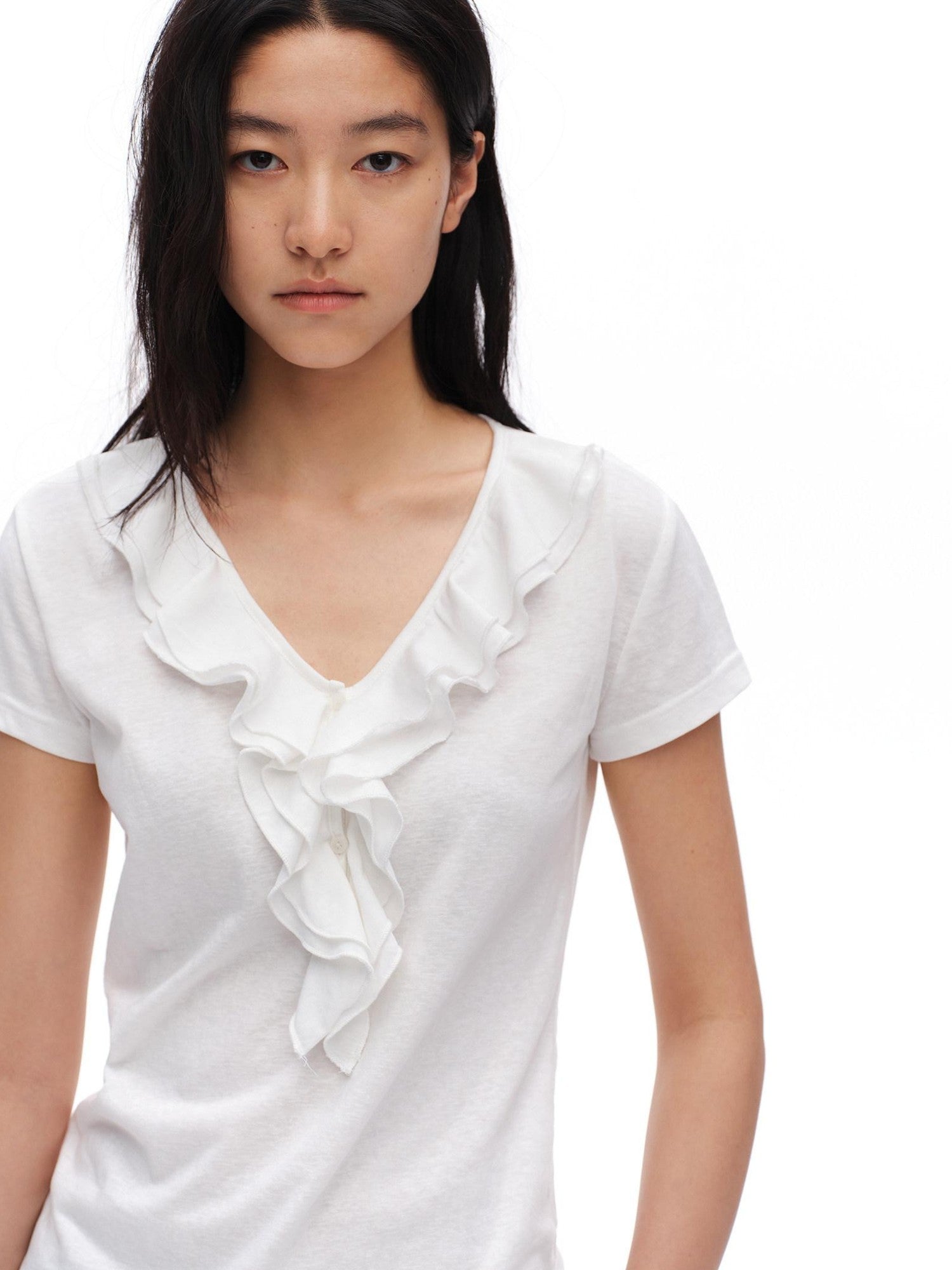 oinimi French Ruffle Pleated V-neck Women&