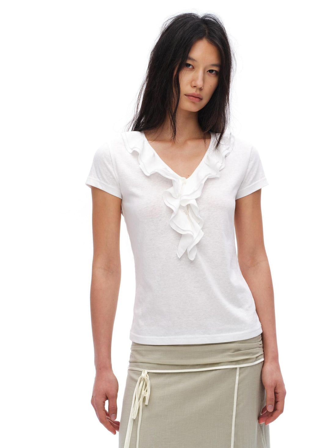 oinimi French Ruffle Pleated V-neck Women&