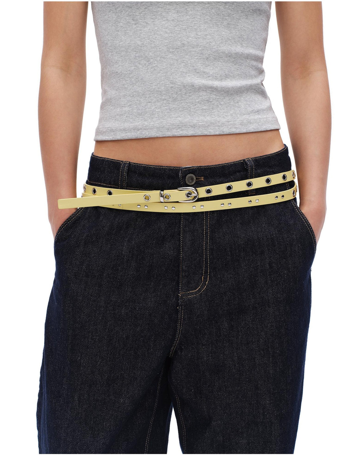 oinimi French Style Butter Yellow Studded Genuine Leather Skinny Layered Double Sided Top Layer Cowhide Women&