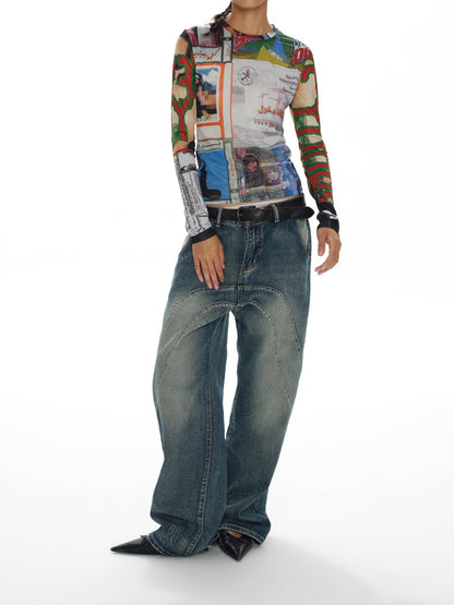 oinimi Fun Print Mesh Long Sleeve Base Layer Color Blocking
