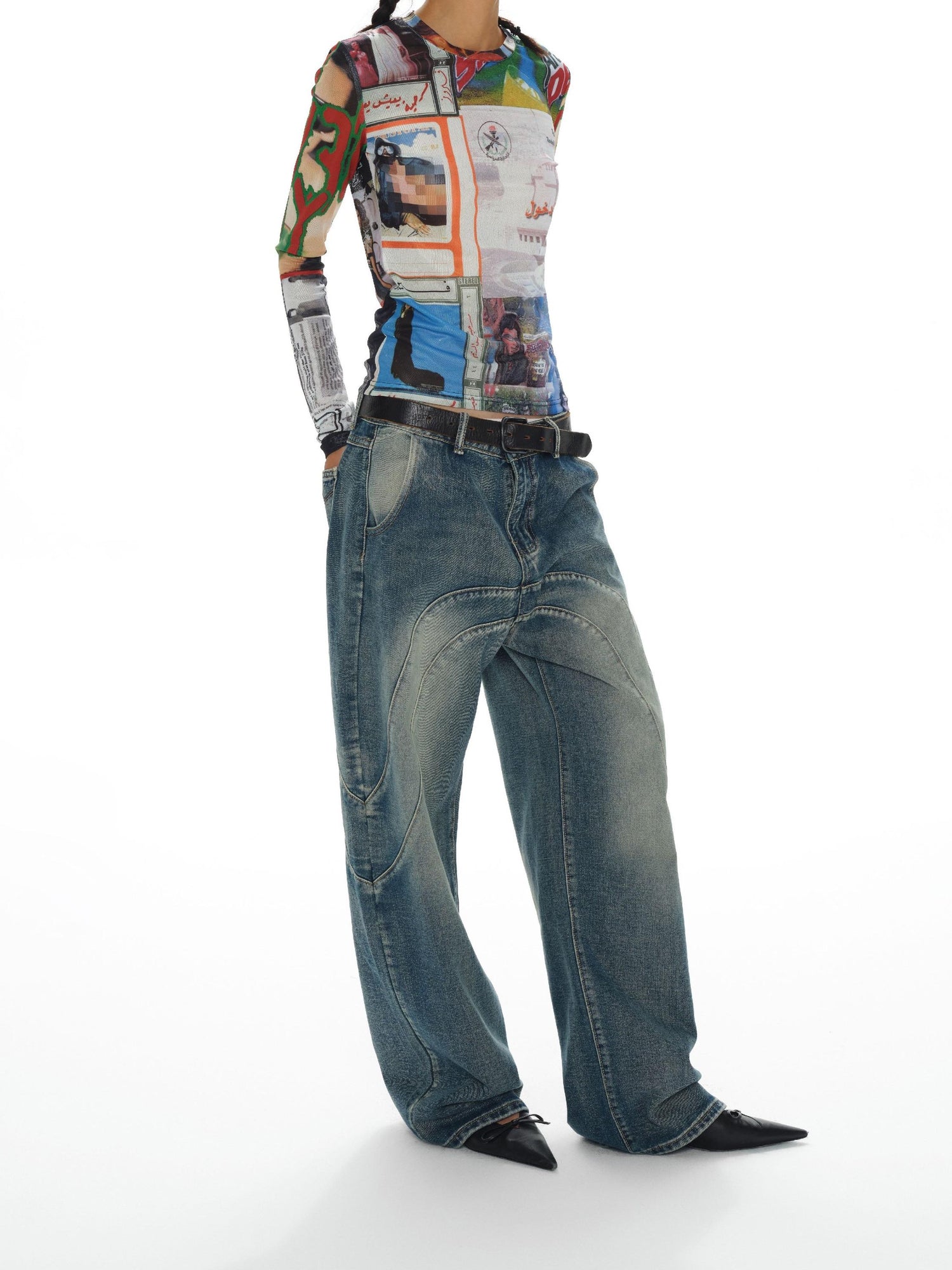 oinimi Fun Print Mesh Long Sleeve Base Layer Color Blocking