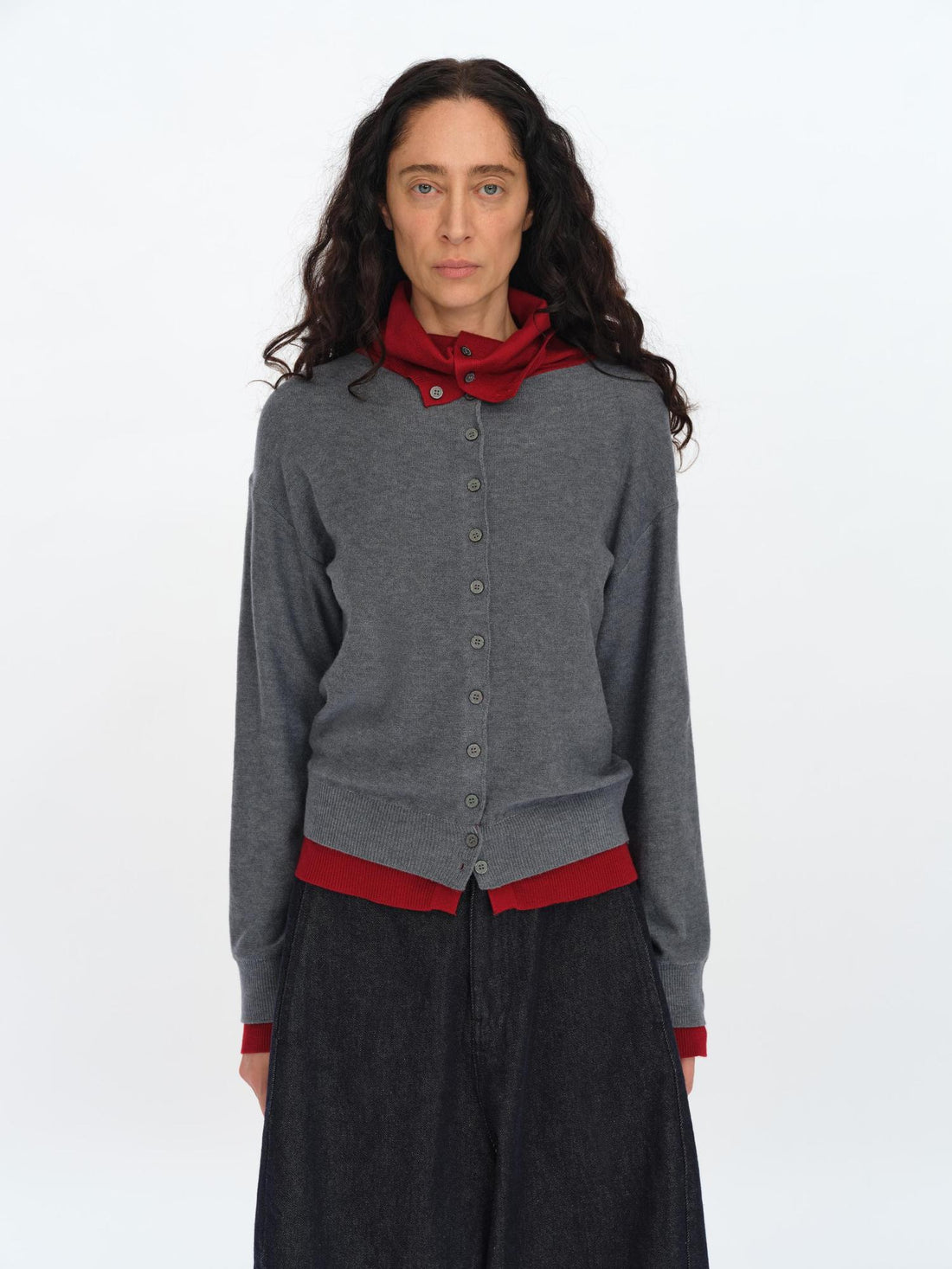 oinimi Gray Red Layered Collar Knit Cardigan