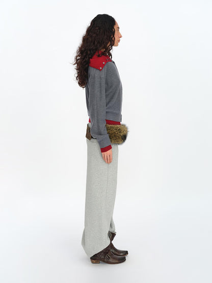 oinimi Gray Red Layered Collar Knit Cardigan
