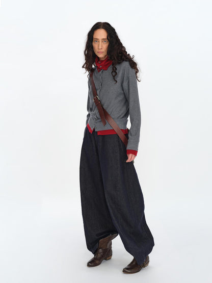 oinimi Gray Red Layered Collar Knit Cardigan