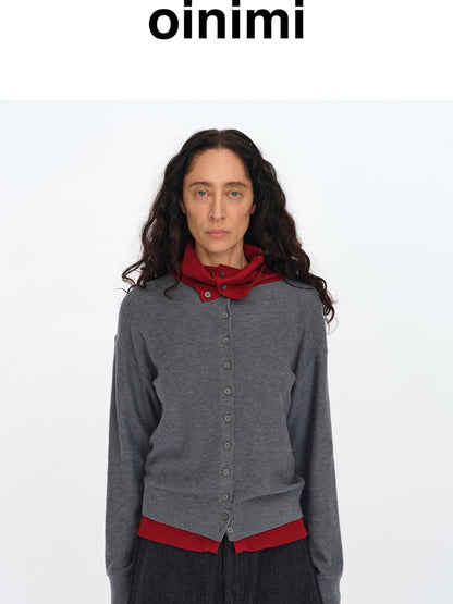 oinimi Gray Red Layered Collar Knit Cardigan