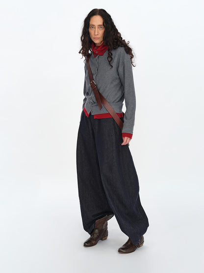 oinimi Gray Red Layered Collar Knit Cardigan