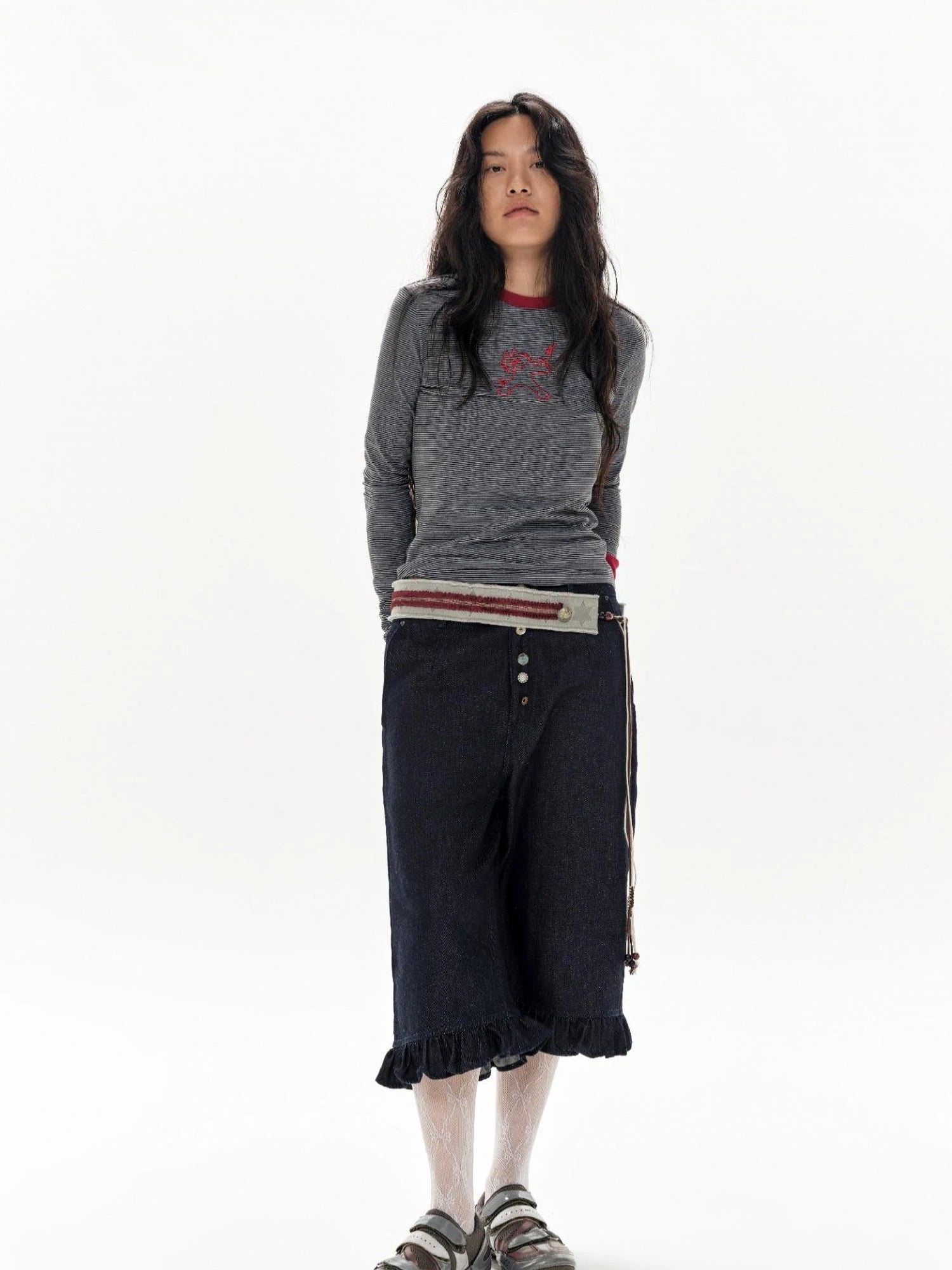 Gray Stripe Crewneck Tee With Tiger Embroidery