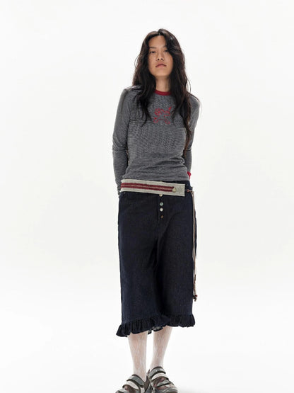 Gray Stripe Crewneck Tee With Tiger Embroidery