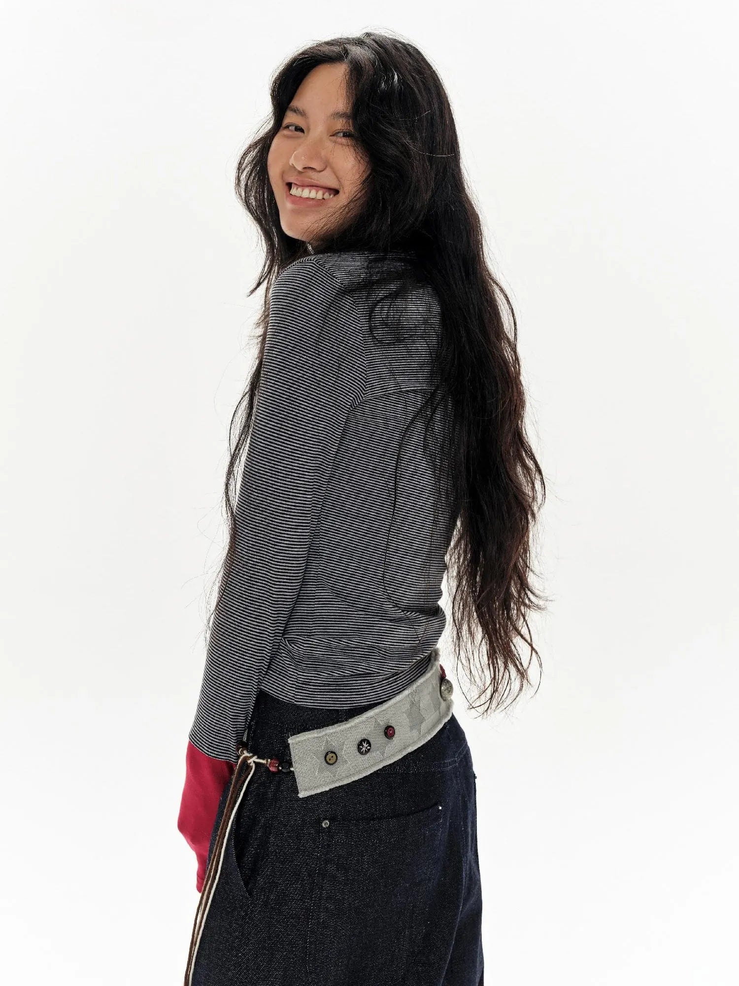 Gray Stripe Crewneck Tee With Tiger Embroidery