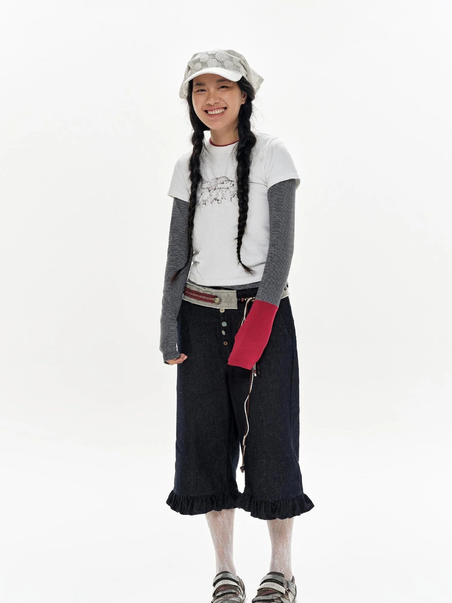 Gray Stripe Crewneck Tee With Tiger Embroidery