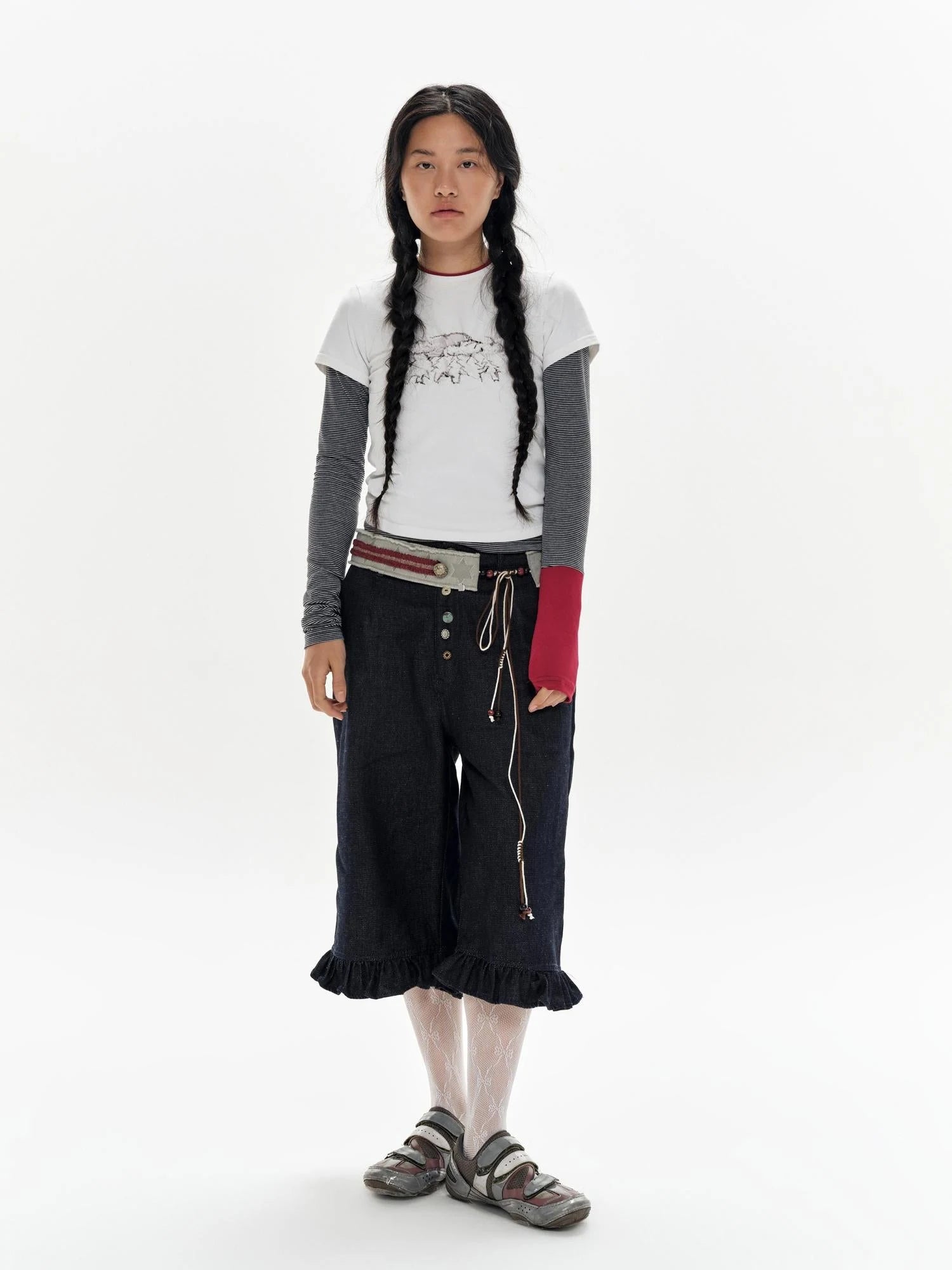 Gray Stripe Crewneck Tee With Tiger Embroidery