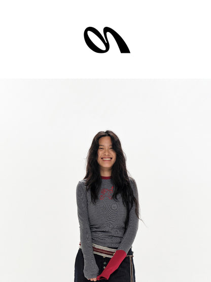 oinimi Gray Stripe Crewneck Tee With Tiger Embroidery