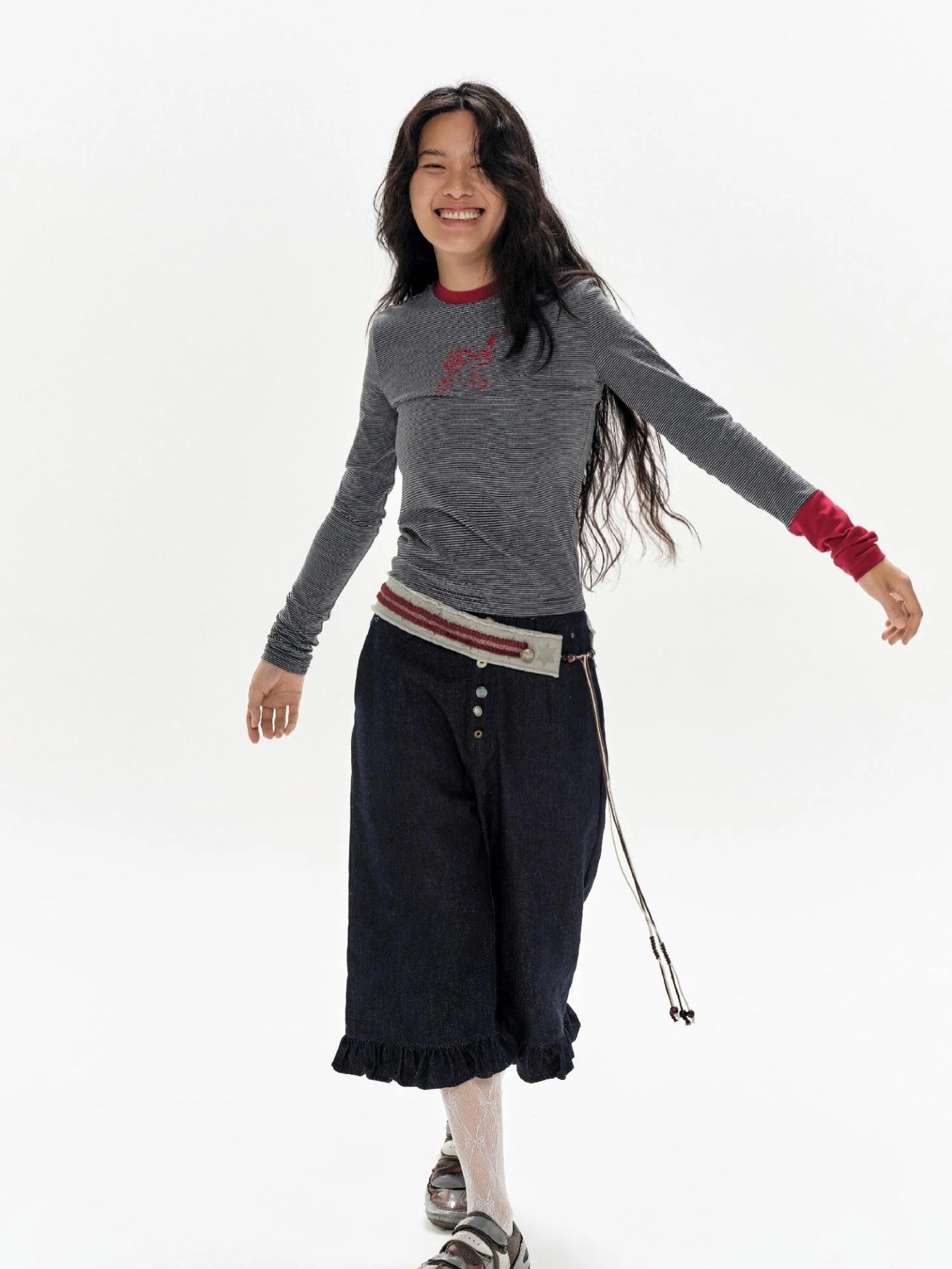 Gray Stripe Crewneck Tee With Tiger Embroidery